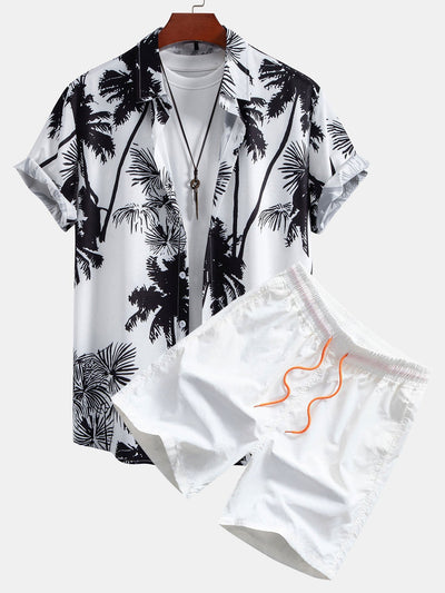 Palm Trees Print Button Up Shirt & Man Mid Length Drawstring Swim Shorts