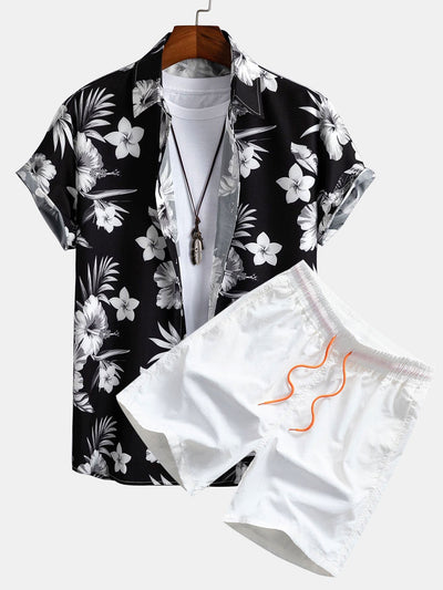 Tropical Floral Print Button Up Shirt & Swim Shorts