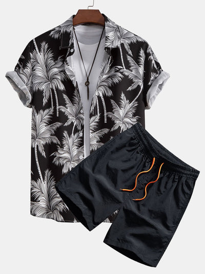 Palm Tree Print Button Up Shirt & Swim Short