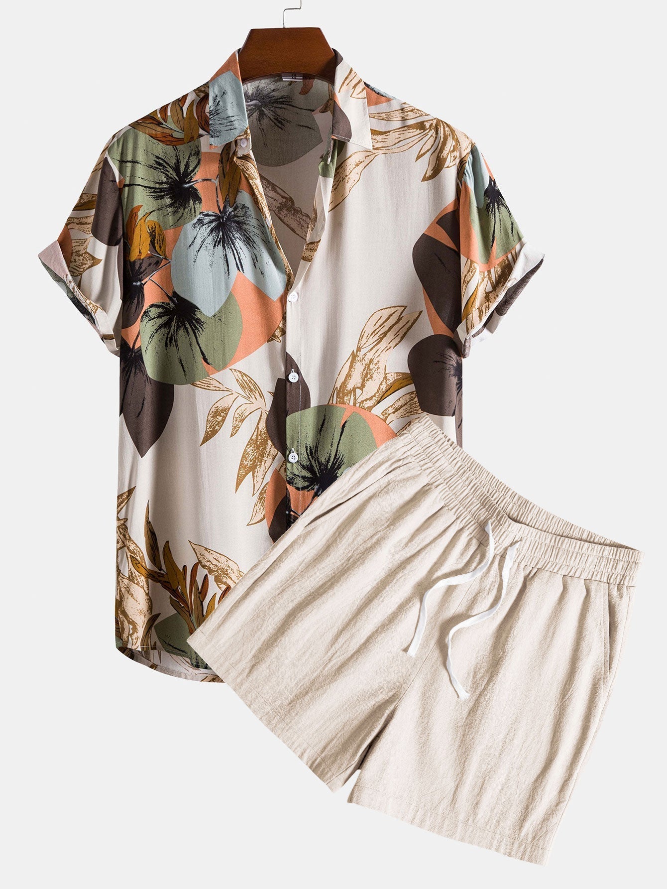 Tropical Print Shirt & Textured Cotton 5" Shorts