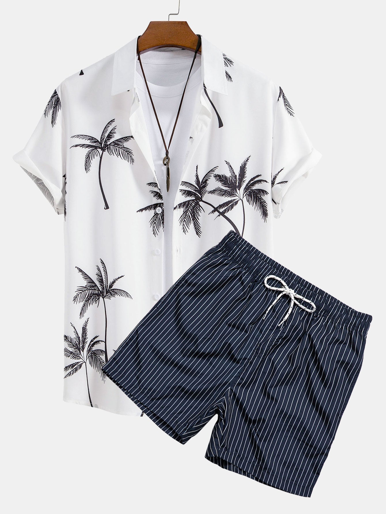 Palm Tree Print Button Up Shirt & Striped Print Swim Shorts