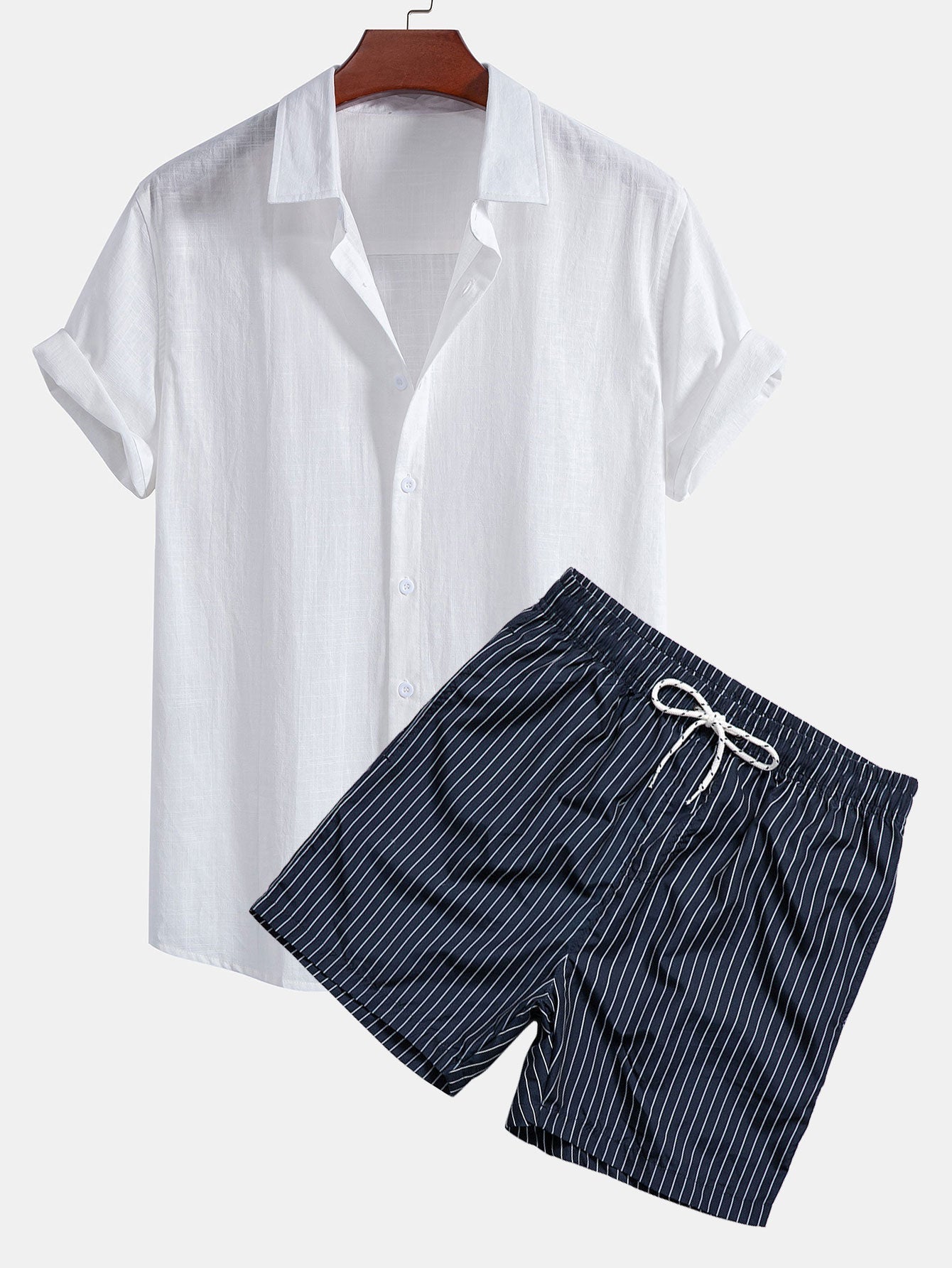 Linen Look Cotton Button Up Shirt & Striped Print Swim Shorts