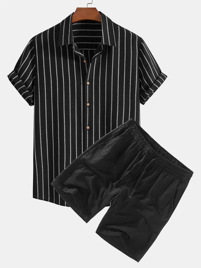 Cotton Blend Striped Button Up Shirt & Linen Drawstring Shorts