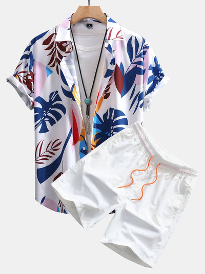 Colorful Leaf Print Button Up Shirt & Swim Shorts