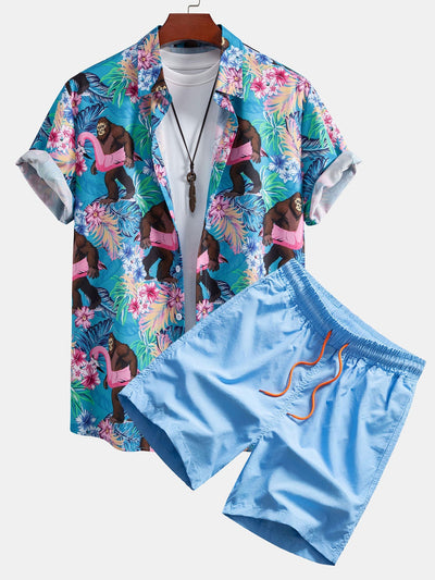 Tropical Plants And Orangutan Print Button Up Shirt & Swim Shorts