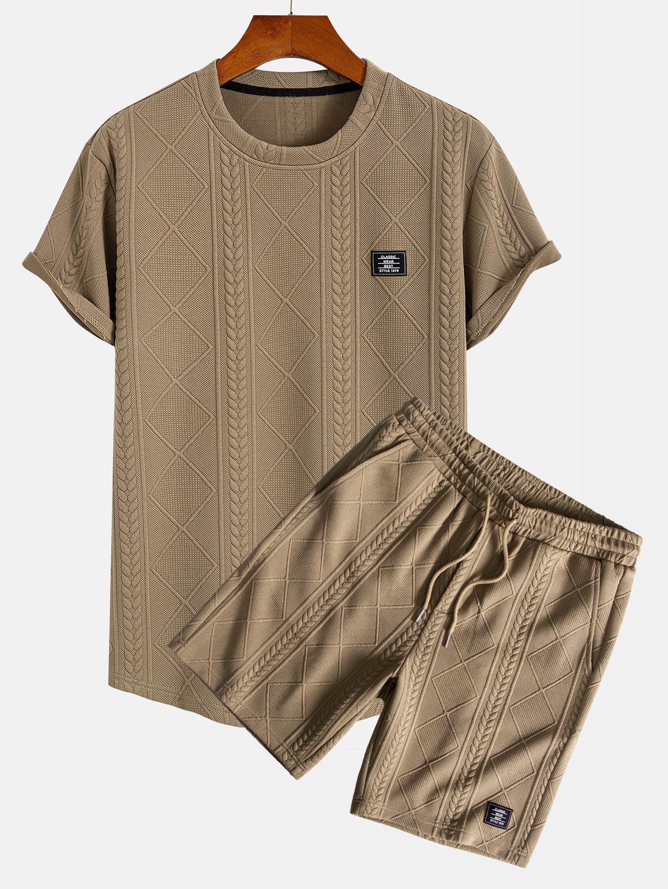 Short Sleeve Geometric Jacquard Arc Hem T-Shirt & Shorts