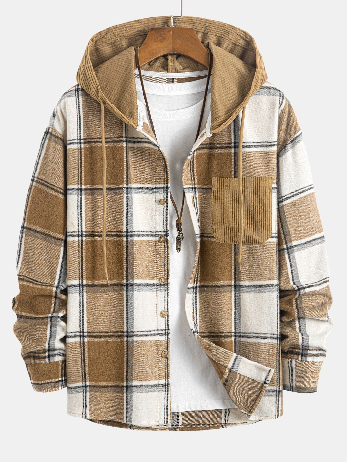 Relax Fit Contrast Corduroy Plaid Hooded Shirt