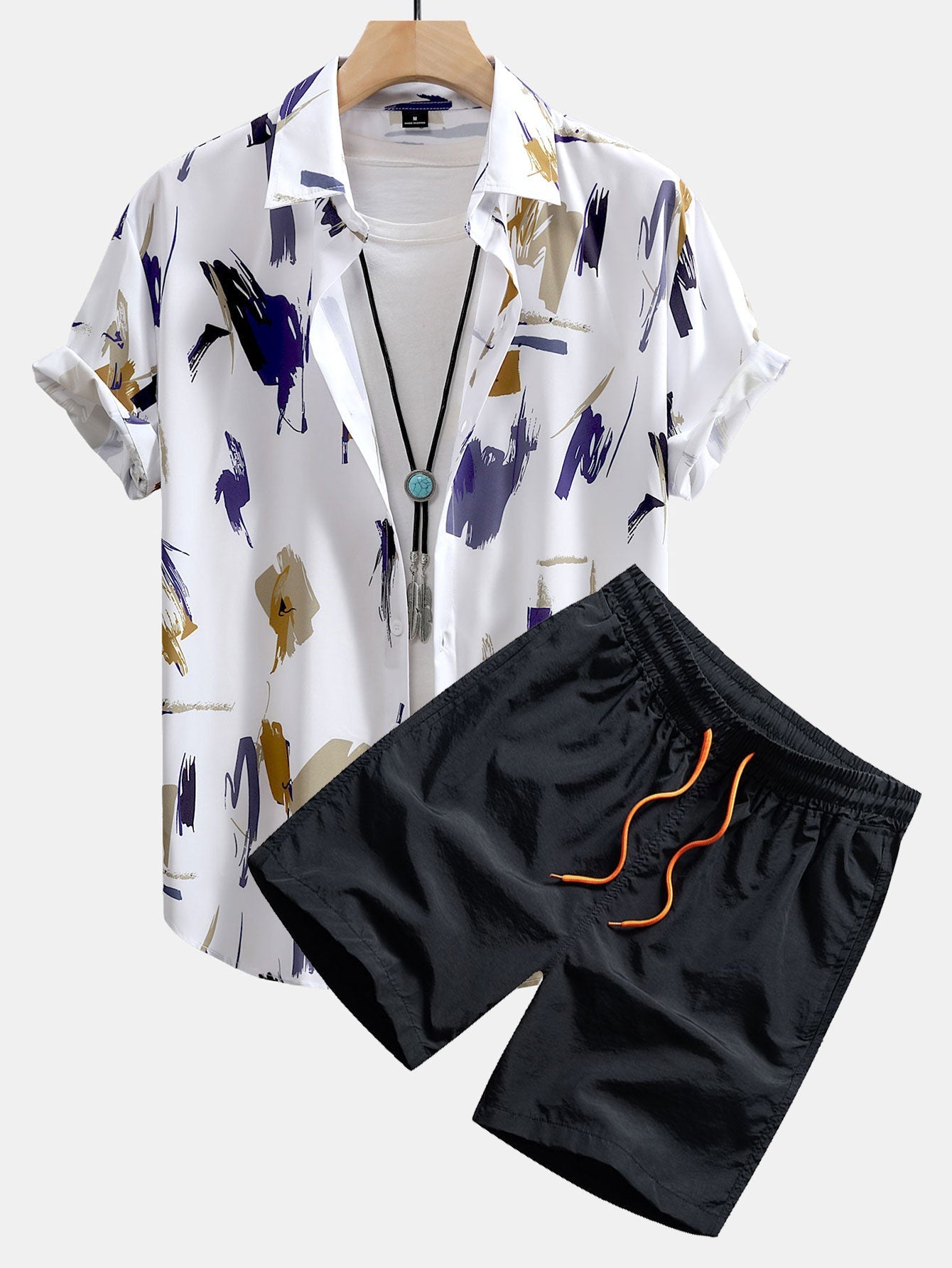 Brushstroke Print Button Up Shirt & Swim Shorts