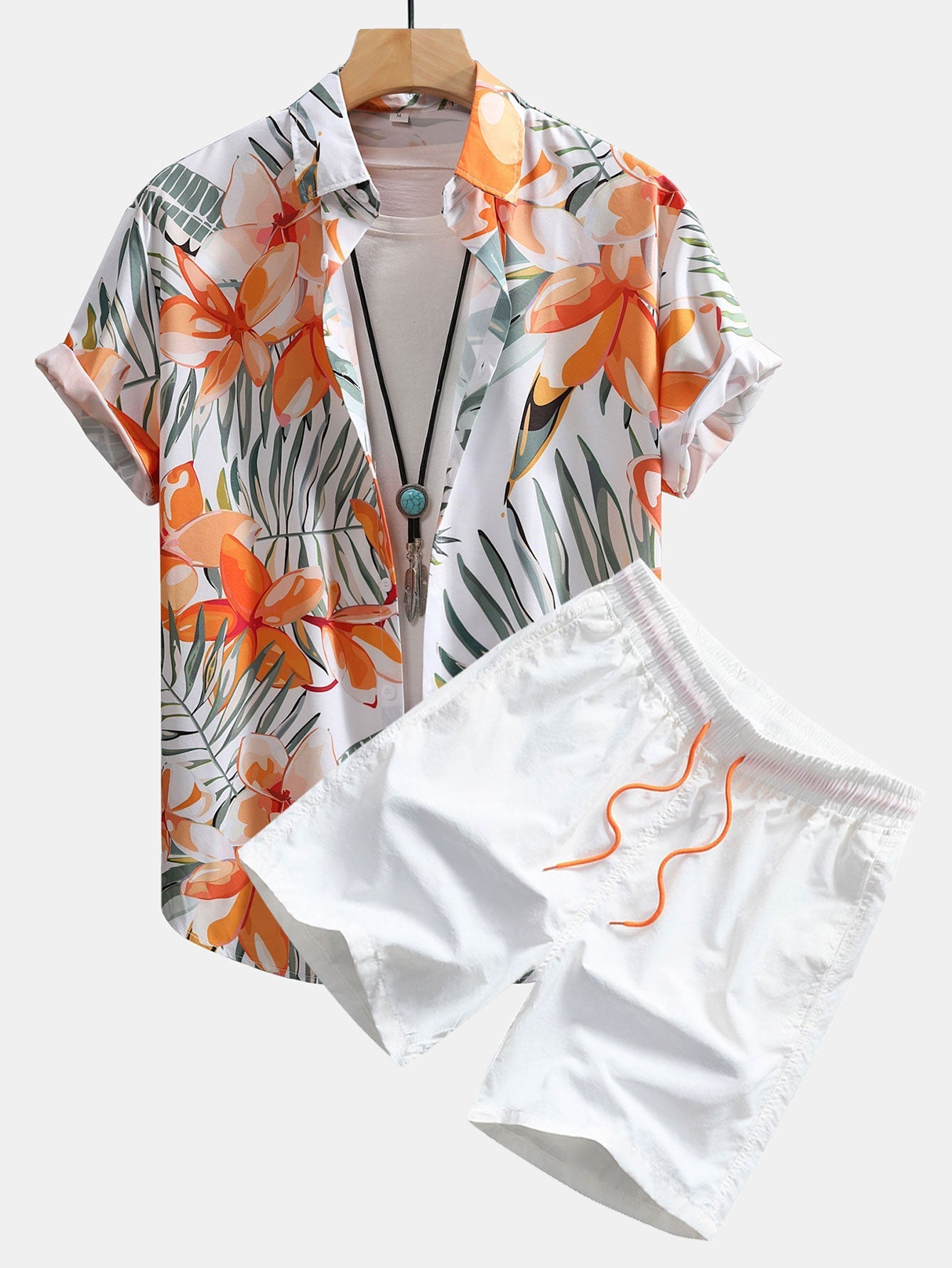 Flower Plants Print Button Up Shirt & Swim Shorts