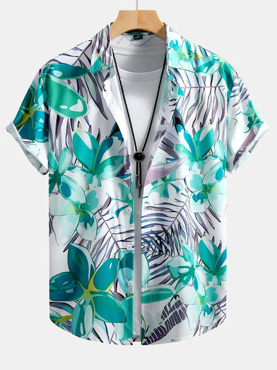 Flower Plants Print Button Up Shirt & Swim Shorts