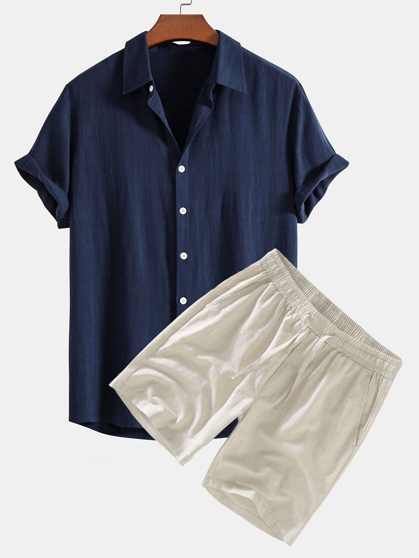 Linen Rayon Blend Button Up Shirt & Linen Drawstring Shorts