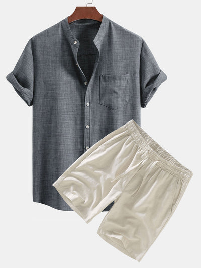 Short Sleeve Stand Collar Shirt & Linen Drawstring Shorts