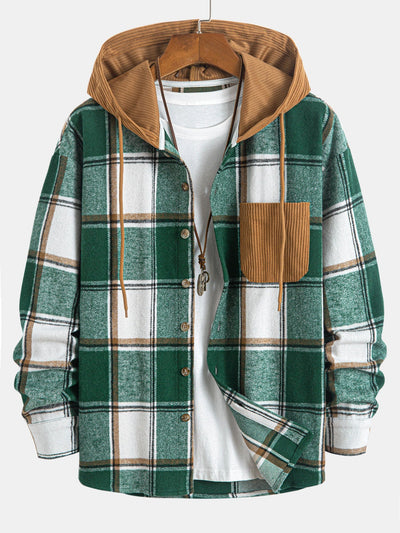 Relax Fit Contrast Corduroy Plaid Hooded Shirt