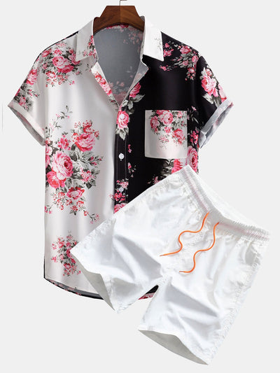 Two Tone Rose Print Button Up Shirt & Swim Shorts