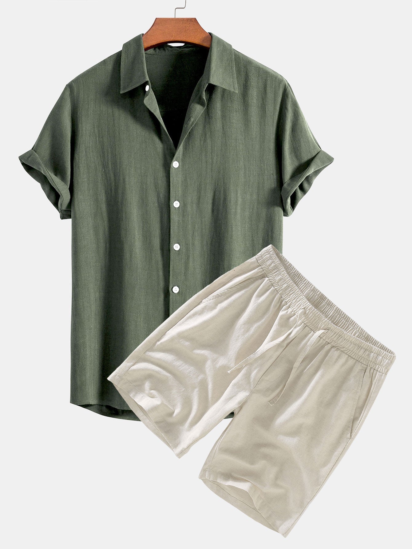 Linen Rayon Blend Button Up Shirt & Linen Drawstring Shorts