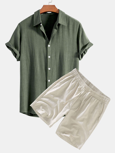 Linen Rayon Blend Button Up Shirt & Linen Drawstring Shorts