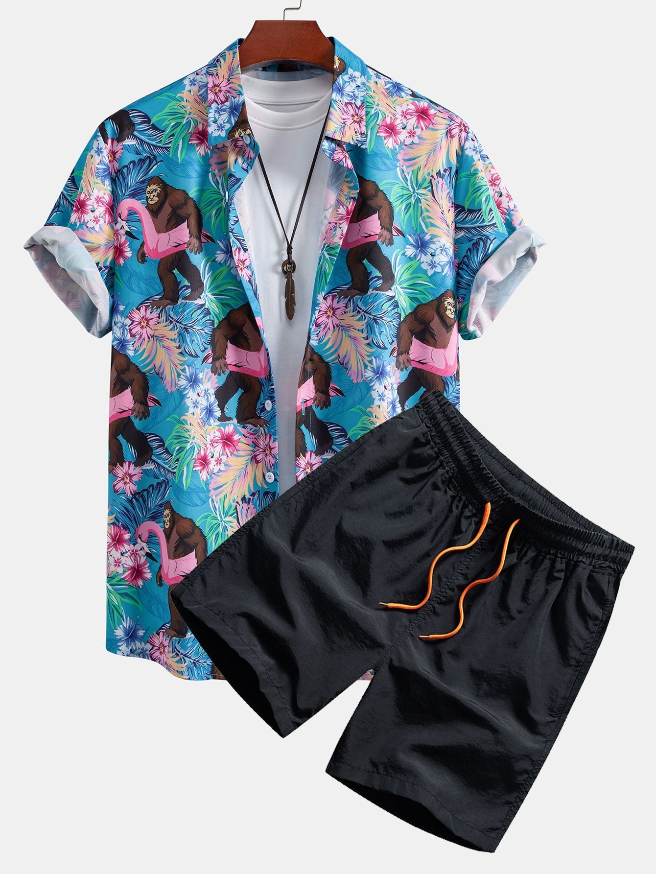 Tropical Plants And Orangutan Print Button Up Shirt & Swim Shorts