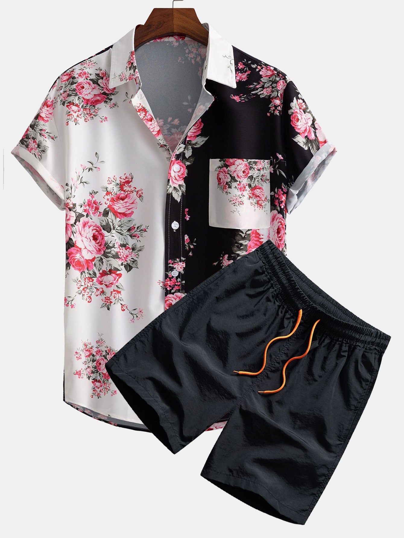 Two Tone Rose Print Button Up Shirt & Swim Shorts