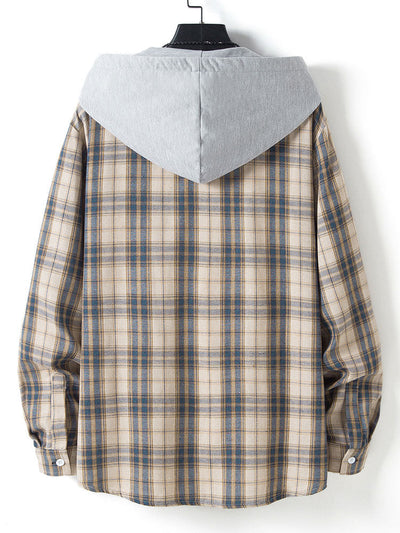 Button Up Contrast Hooded Plaid Shirt