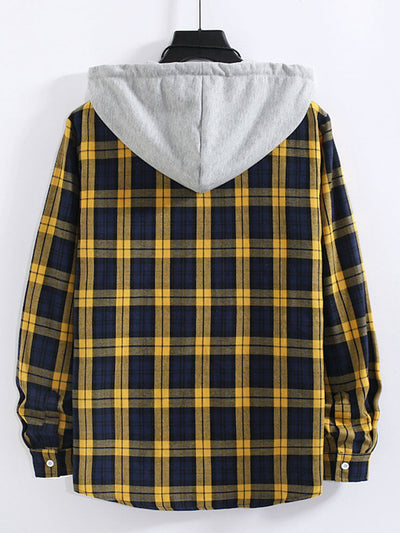 Plaid Contrast Button Up Hooded Shirt