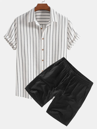 Cotton Blend Striped Button Up Shirt & Linen Drawstring Shorts