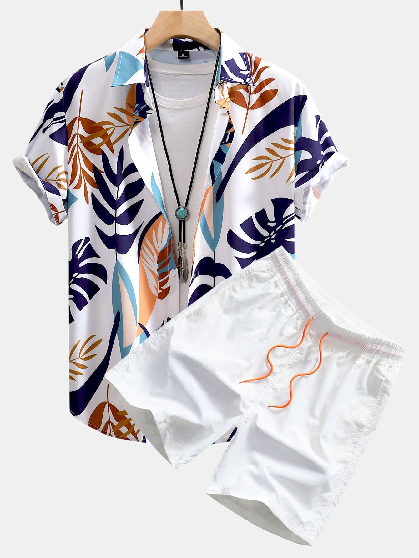 Colorful Leaf Print Button Up Shirt & Swim Shorts