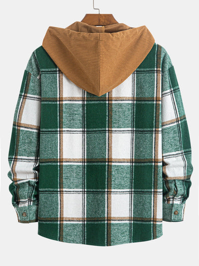 Relax Fit Contrast Corduroy Plaid Hooded Shirt