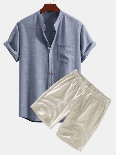 Short Sleeve Stand Collar Shirt & Linen Drawstring Shorts