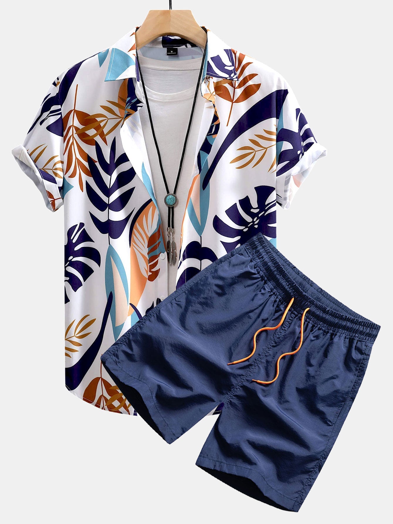 Colorful Leaf Print Button Up Shirt & Swim Shorts