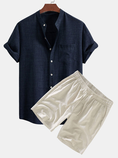 Short Sleeve Stand Collar Shirt & Linen Drawstring Shorts