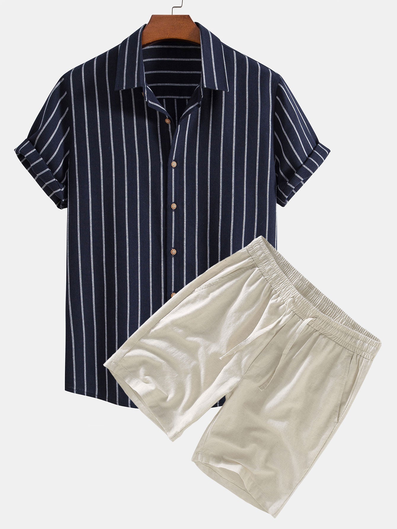 Cotton Blend Striped Button Up Shirt & Linen Drawstring Shorts