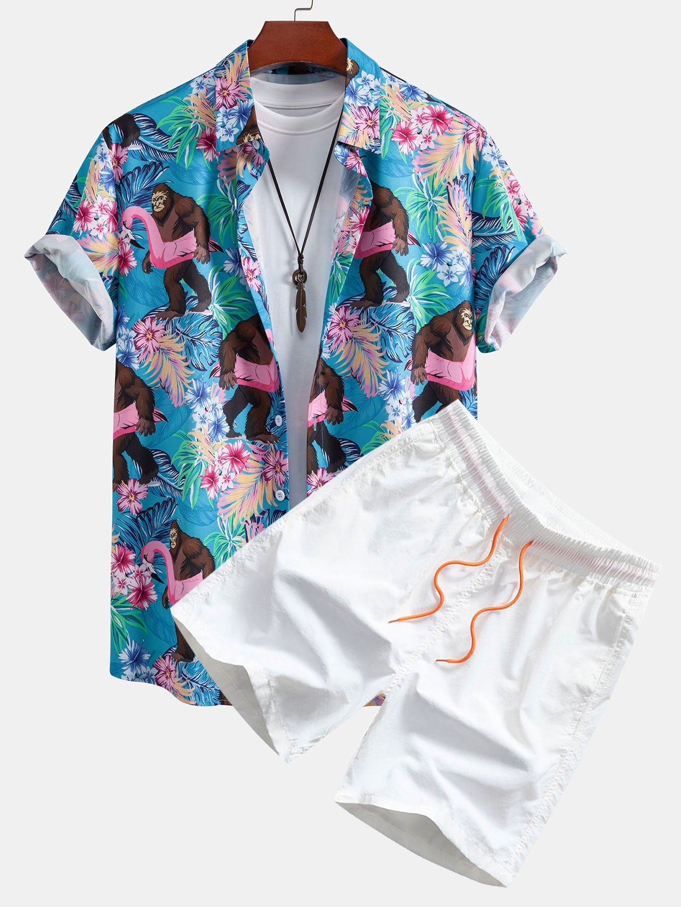 Tropical Plants And Orangutan Print Button Up Shirt & Swim Shorts