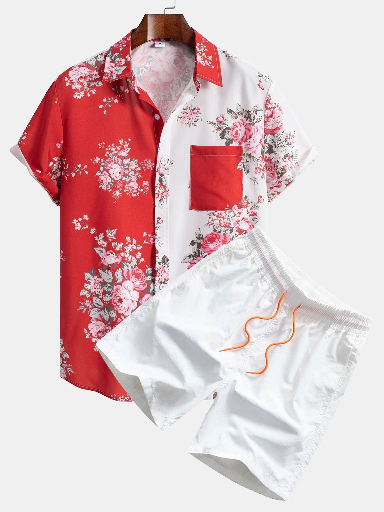 Two Tone Rose Print Button Up Shirt & Swim Shorts