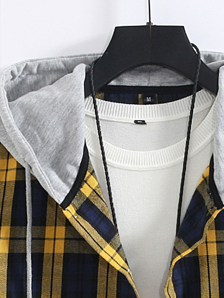 Plaid Contrast Button Up Hooded Shirt