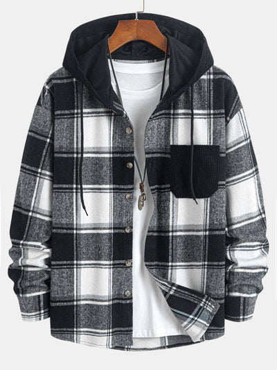 Relax Fit Contrast Corduroy Plaid Hooded Shirt