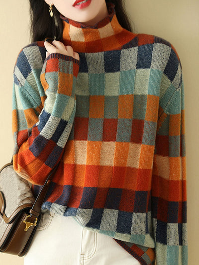 Anna - Loose Turtleneck Plaid Knitted Sweater