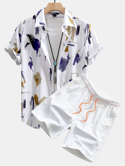 Brushstroke Print Button Up Shirt & Swim Shorts