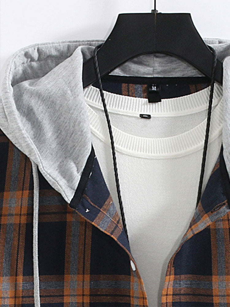 Plaid Contrast Hooded Shirt