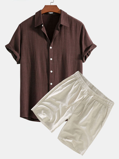 Linen Rayon Blend Button Up Shirt & Linen Drawstring Shorts