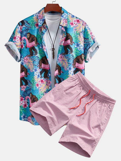 Tropical Plants And Orangutan Print Button Up Shirt & Swim Shorts