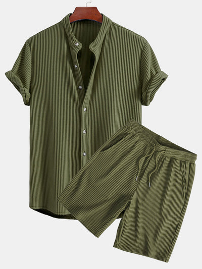 Waffle Stand Collar Shirt & Drawstring Waffle Shorts