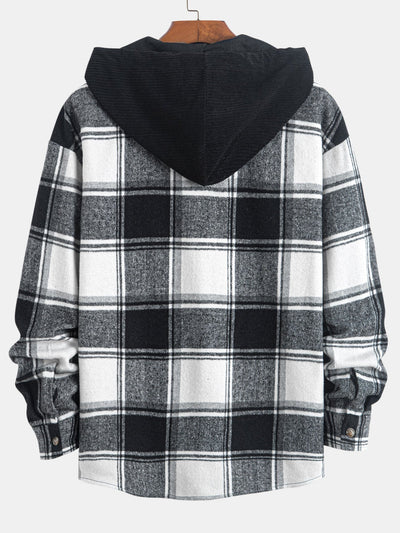 Relax Fit Contrast Corduroy Plaid Hooded Shirt