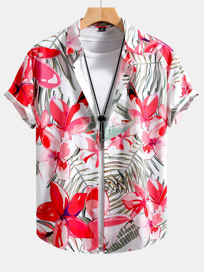 Flower Plants Print Button Up Shirt & Swim Shorts