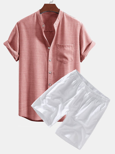 Short Sleeve Stand Collar Shirt & Linen Drawstring Shorts