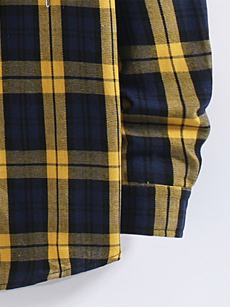 Plaid Contrast Button Up Hooded Shirt