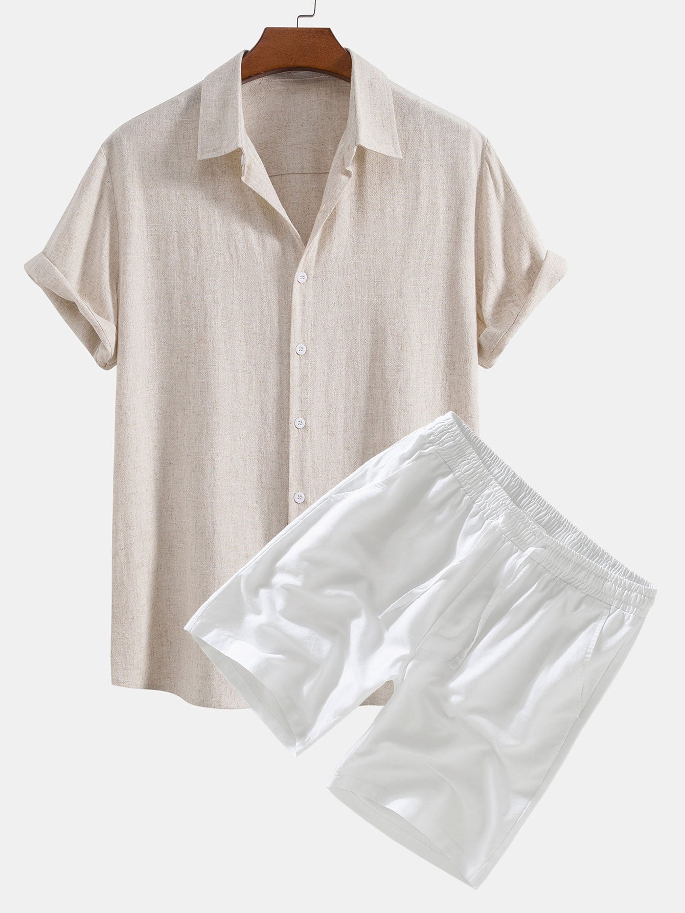 Linen Rayon Blend Button Up Shirt & Linen Drawstring Shorts