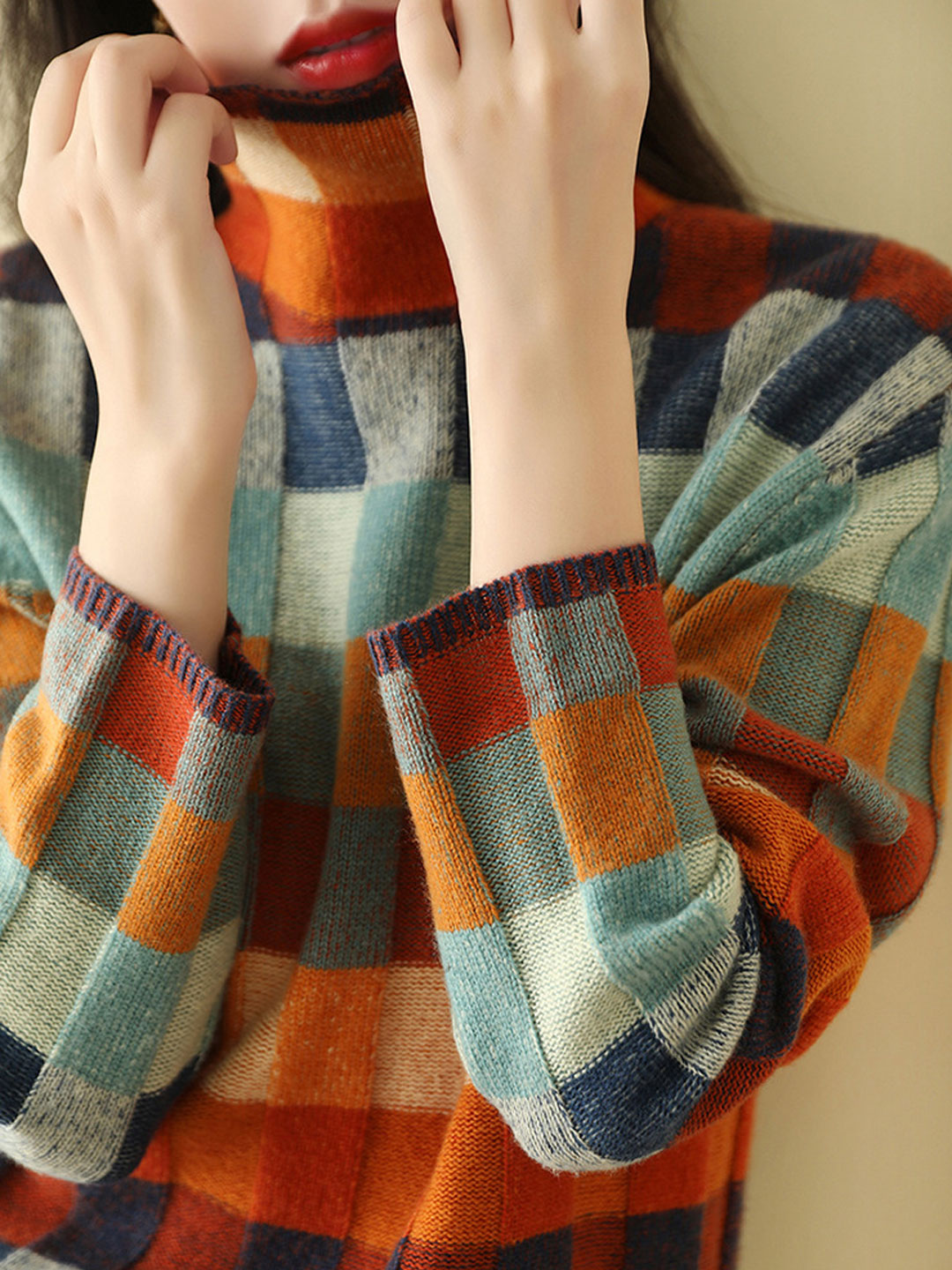 Anna - Loose Turtleneck Plaid Knitted Sweater