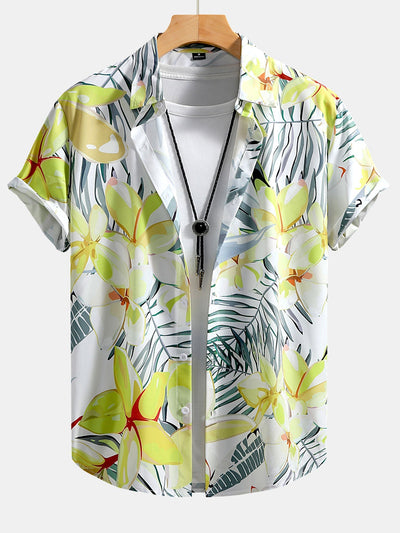 Flower Plants Print Button Up Shirt & Swim Shorts