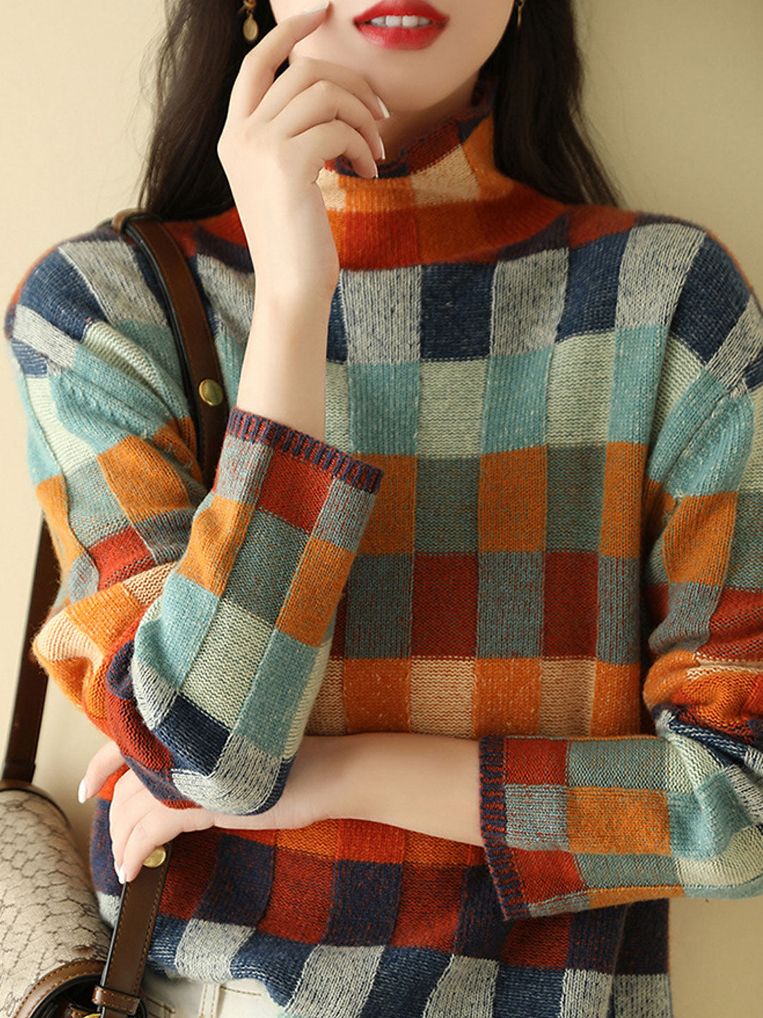 Anna - Loose Turtleneck Plaid Knitted Sweater