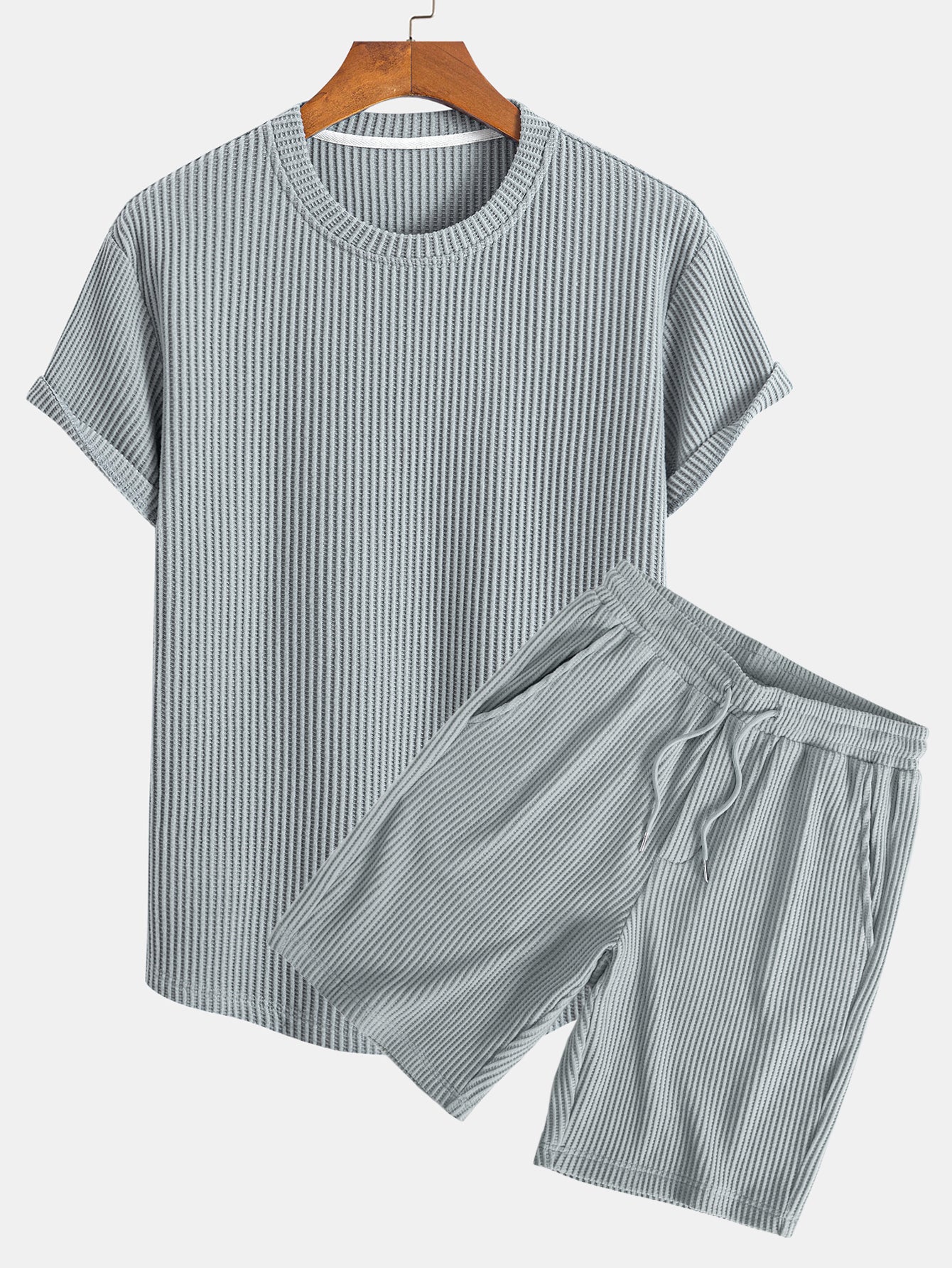 Knitted Waffle Arc Hem T-Shirt & Drawstring Waffle Shorts